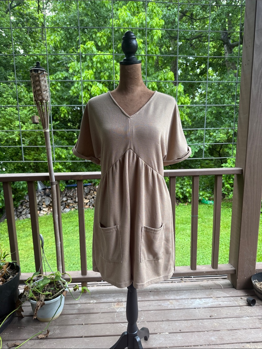 Women's V-Neck Romper w/pockets- Beige